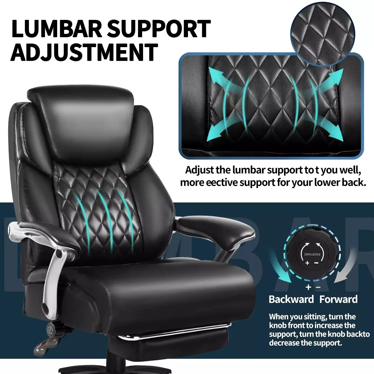 Waleaf 500lbs Big and Tall Office Chair with Adjustable Headrest for Adults, Computer Chair Home Office Desk Chair with Retractable Footrest for Home Office - Image 5