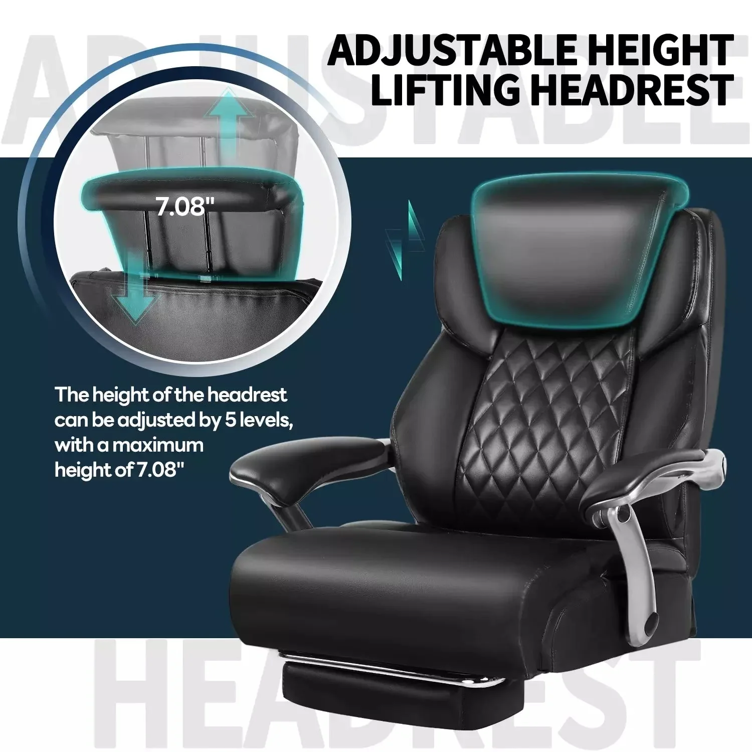 Waleaf 500lbs Big and Tall Office Chair with Adjustable Headrest for Adults, Computer Chair Home Office Desk Chair with Retractable Footrest for Home Office - Image 6