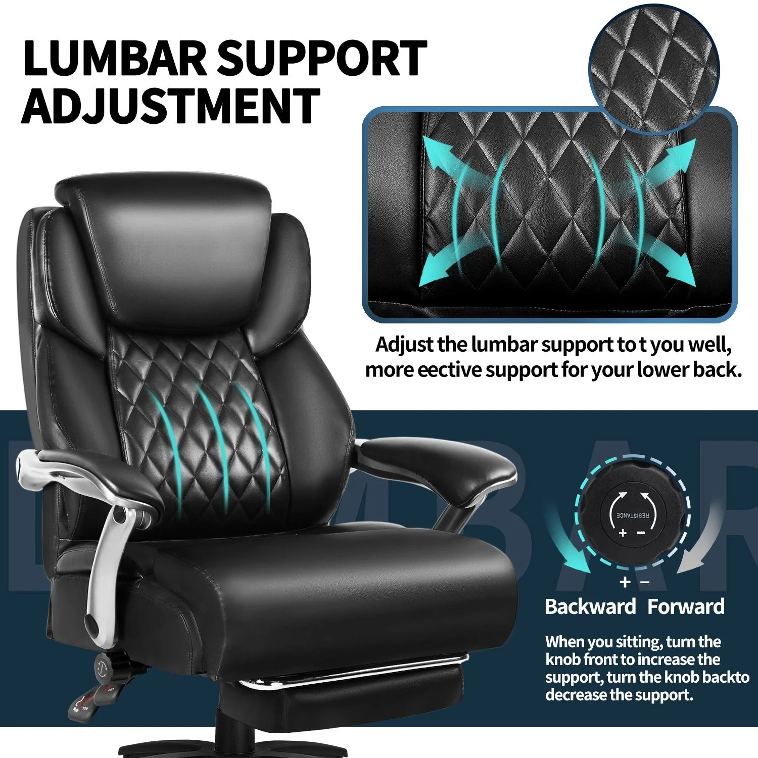 Waleaf 500lbs Big and Tall Office Chair with Adjustable Headrest for Adults, Computer Chair Home Office Desk Chair with Retractable Footrest for Home Office - Image 2