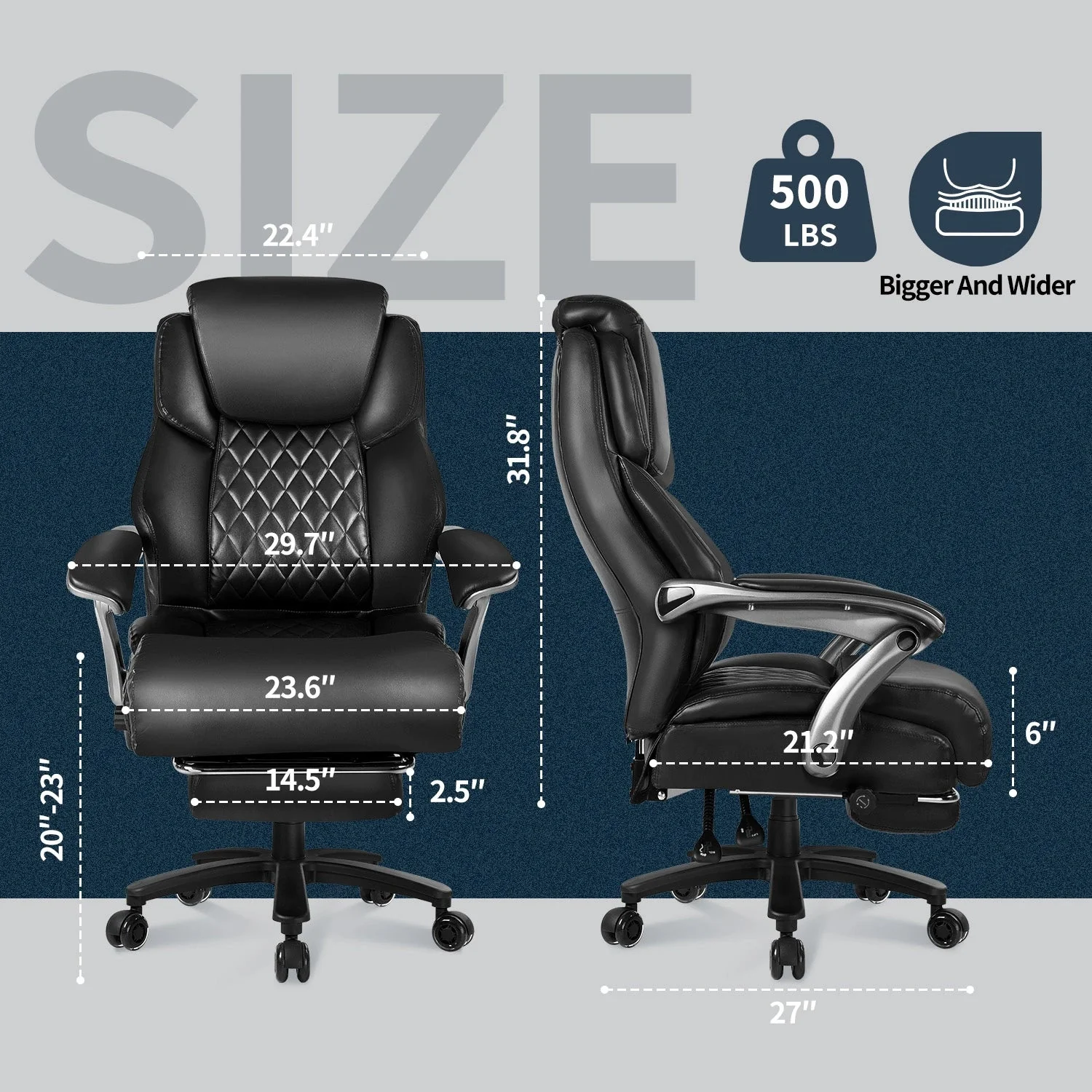 Waleaf 500lbs Big and Tall Office Chair with Adjustable Headrest for Adults, Computer Chair Home Office Desk Chair with Retractable Footrest for Home Office - Image 4