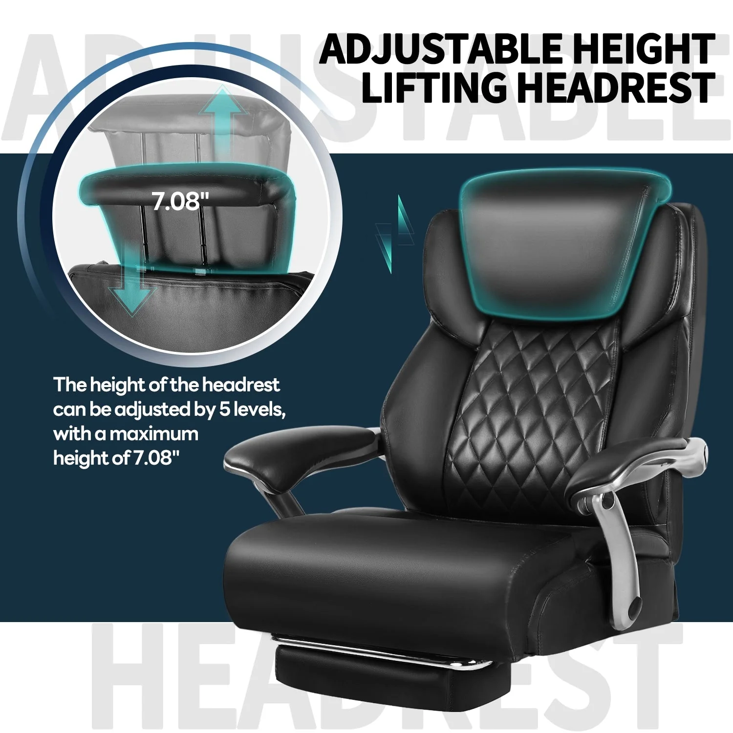 Waleaf 500lbs Big and Tall Office Chair with Adjustable Headrest for Adults, Computer Chair Home Office Desk Chair with Retractable Footrest for Home Office - Image 6
