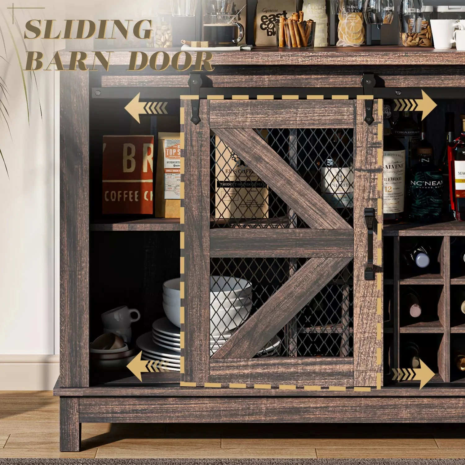 55" Coffee Bar Cabinet with LED Lights, Farmhouse Wine Bar Cabinet for Home with Wine Glass Rack - Image 11