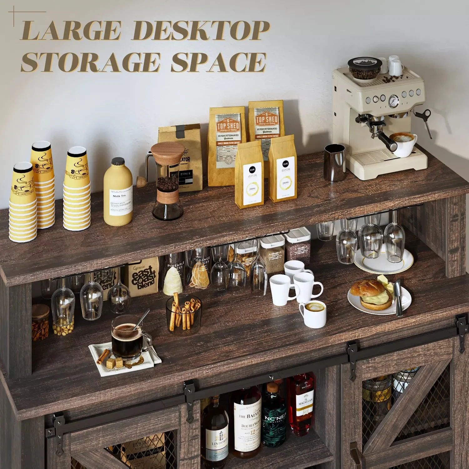 55" Coffee Bar Cabinet with LED Lights, Farmhouse Wine Bar Cabinet for Home with Wine Glass Rack - Image 12