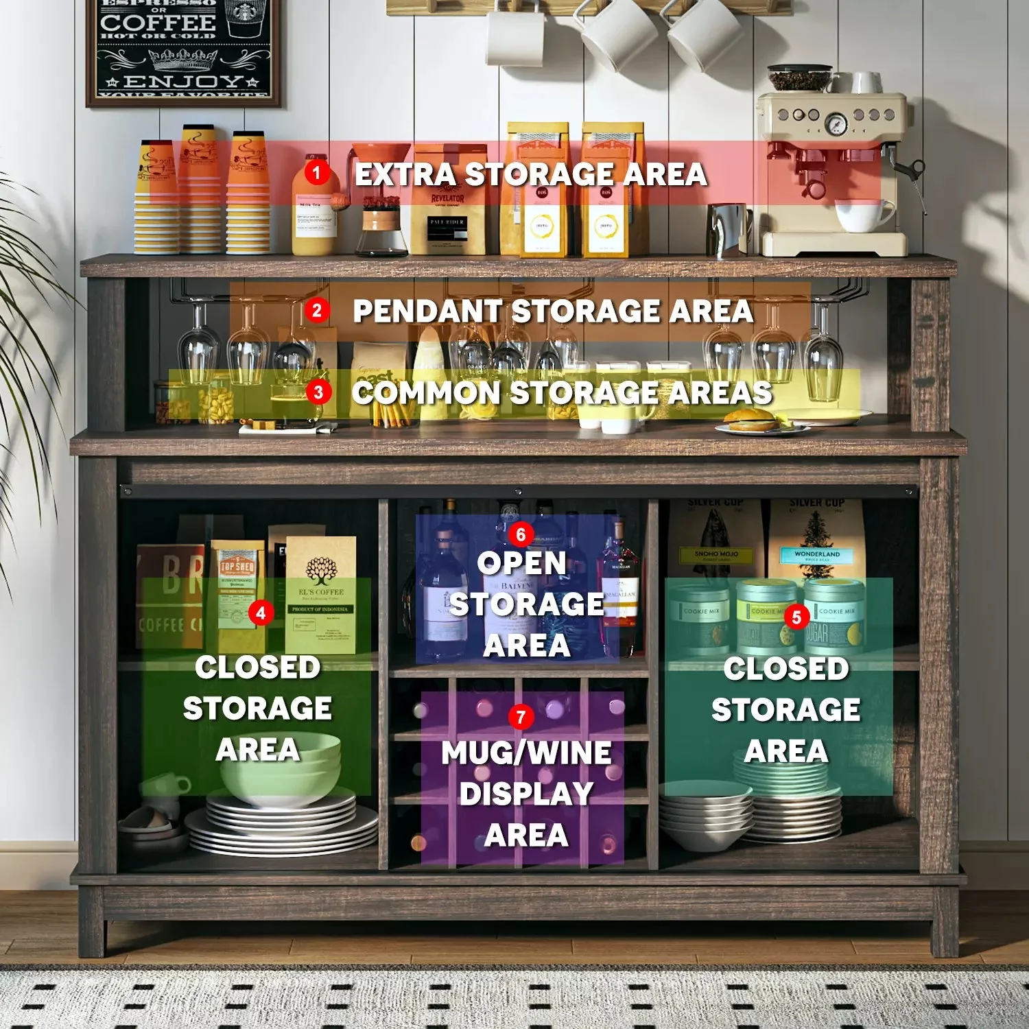55" Coffee Bar Cabinet with LED Lights, Farmhouse Wine Bar Cabinet for Home with Wine Glass Rack - Image 13