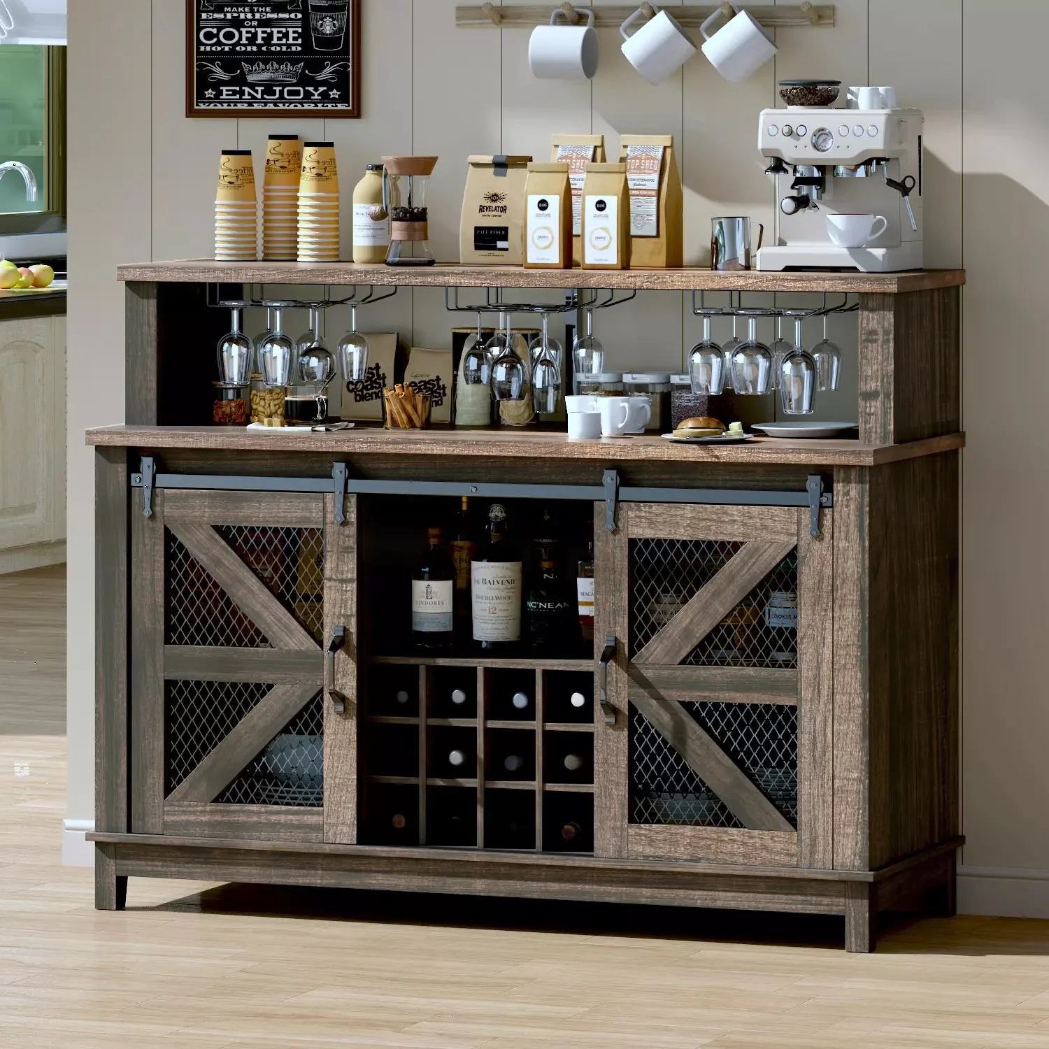55" Coffee Bar Cabinet with LED Lights, Farmhouse Wine Bar Cabinet for Home with Wine Glass Rack - Image 14