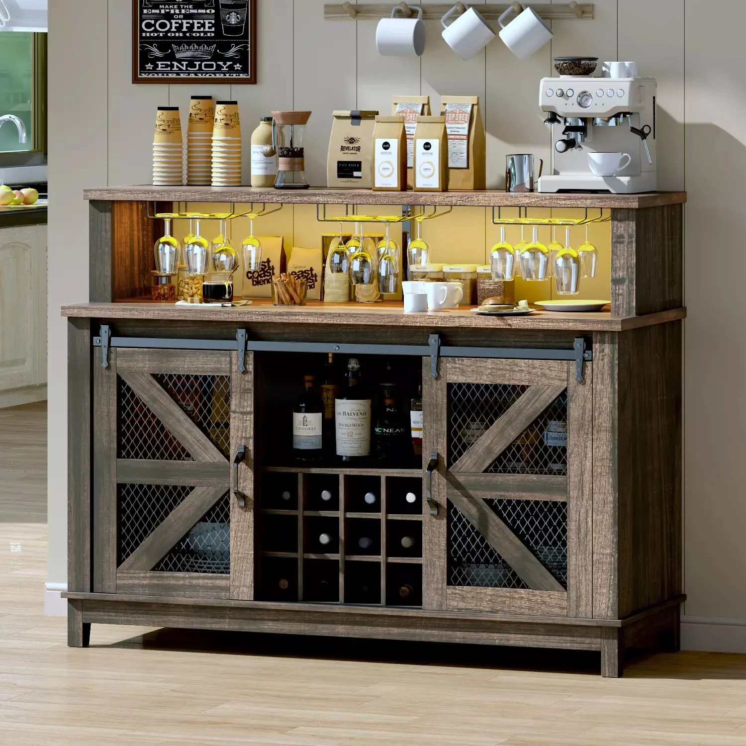 55" Coffee Bar Cabinet with LED Lights, Farmhouse Wine Bar Cabinet for Home with Wine Glass Rack - Image 15