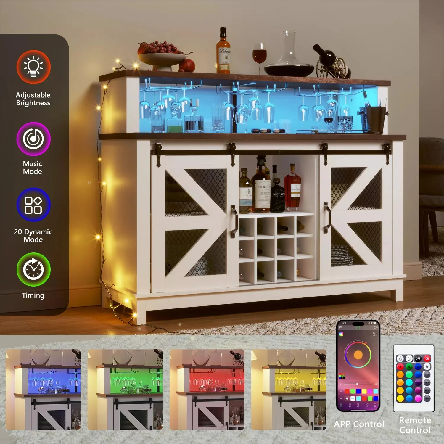 55" Coffee Bar Cabinet with LED Lights, Farmhouse Wine Bar Cabinet for Home with Wine Glass Rack - Image 3