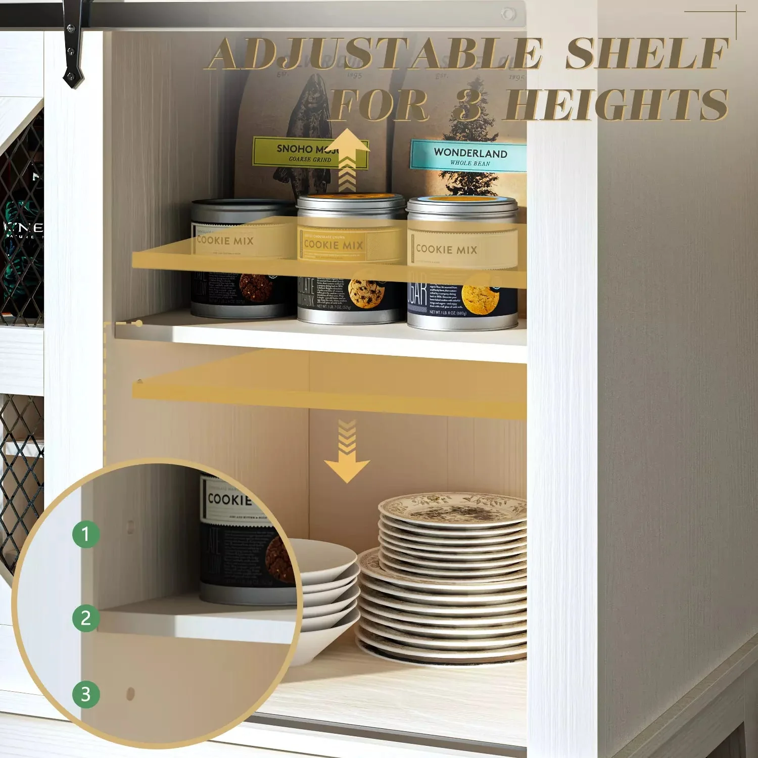 55" Coffee Bar Cabinet with LED Lights, Farmhouse Wine Bar Cabinet for Home with Wine Glass Rack - Image 4