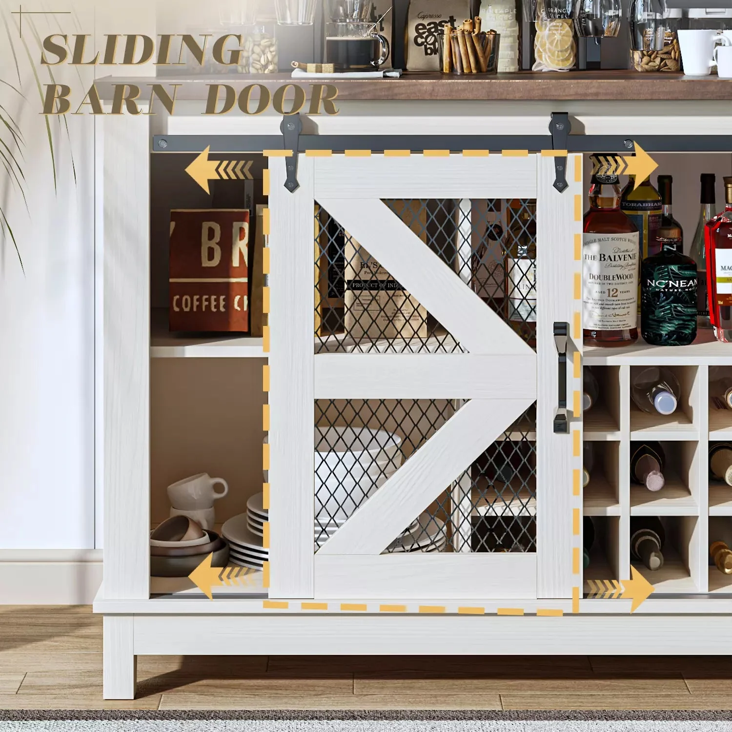 55" Coffee Bar Cabinet with LED Lights, Farmhouse Wine Bar Cabinet for Home with Wine Glass Rack - Image 5