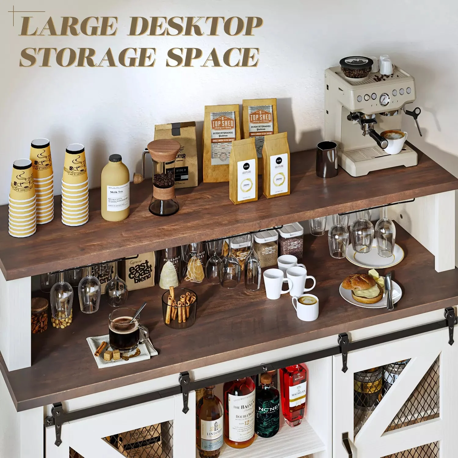 55" Coffee Bar Cabinet with LED Lights, Farmhouse Wine Bar Cabinet for Home with Wine Glass Rack - Image 6