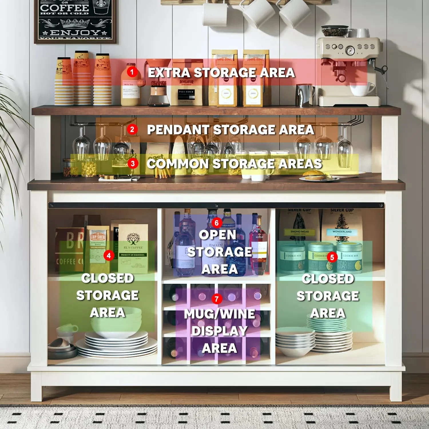 55" Coffee Bar Cabinet with LED Lights, Farmhouse Wine Bar Cabinet for Home with Wine Glass Rack - Image 7
