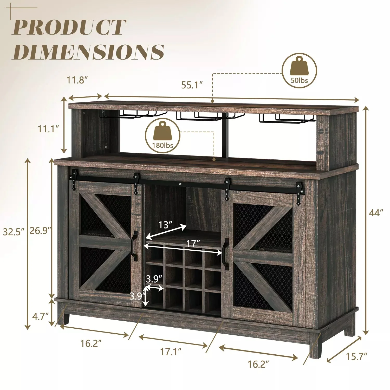55" Coffee Bar Cabinet with LED Lights, Farmhouse Wine Bar Cabinet for Home with Wine Glass Rack - Image 8