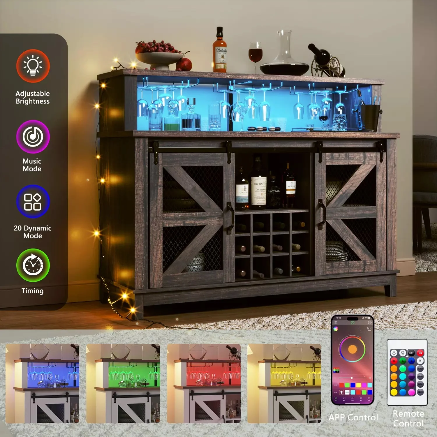 55" Coffee Bar Cabinet with LED Lights, Farmhouse Wine Bar Cabinet for Home with Wine Glass Rack - Image 9