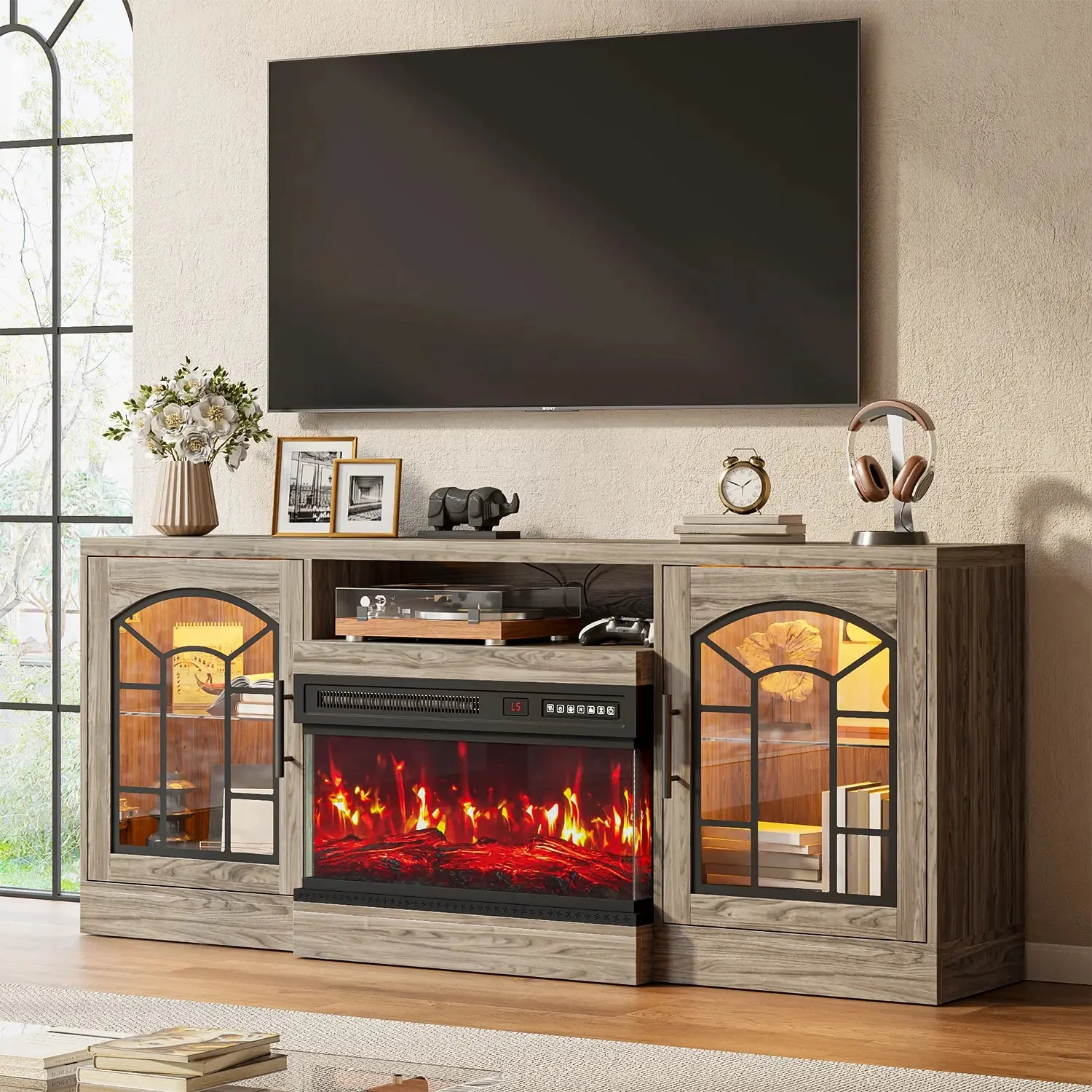 VITESSE 60'' Fireplace TV Stand,3 Sided Glass Media Entertainment Center Console Table for TVs up to 70'' with Storage Drawers & Cabinets with LED Flame and Lights for Living Room - Image 2