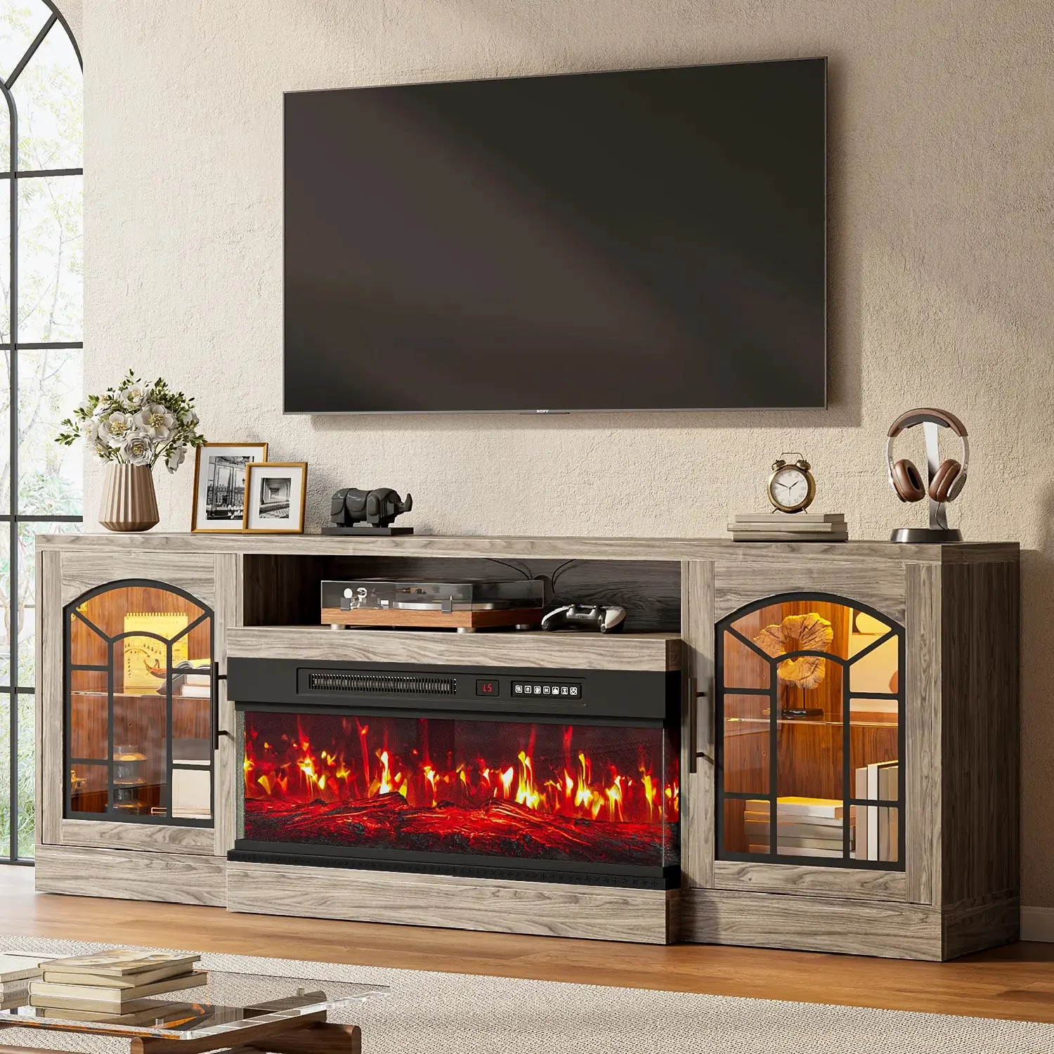 VITESSE 60'' Fireplace TV Stand,3 Sided Glass Media Entertainment Center Console Table for TVs up to 70'' with Storage Drawers & Cabinets with LED Flame and Lights for Living Room - Image 4