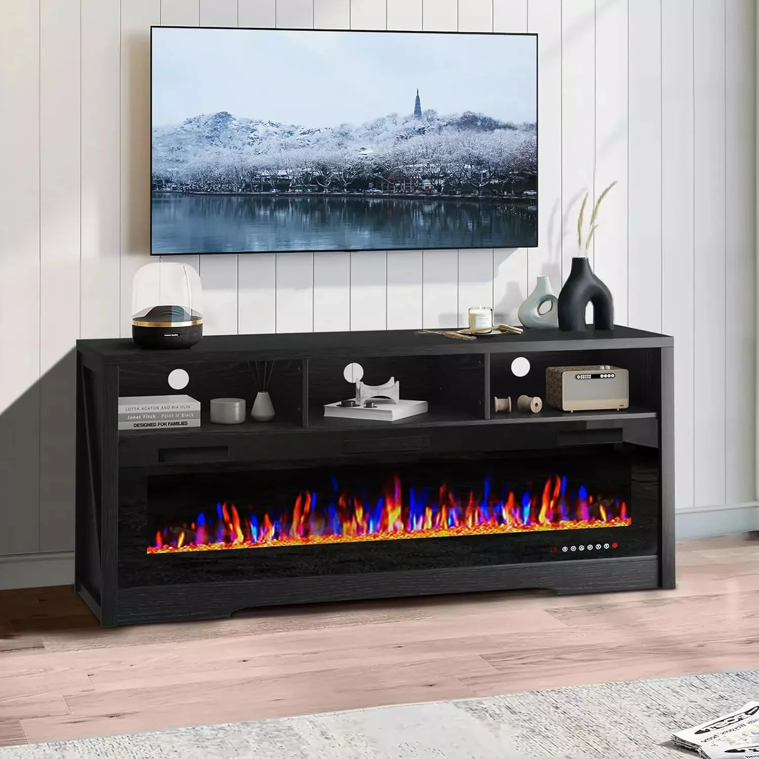 BOSSIN 65 inches Fireplace TV Stand for TVs Up to 75" TV with 60" Electric Fireplace