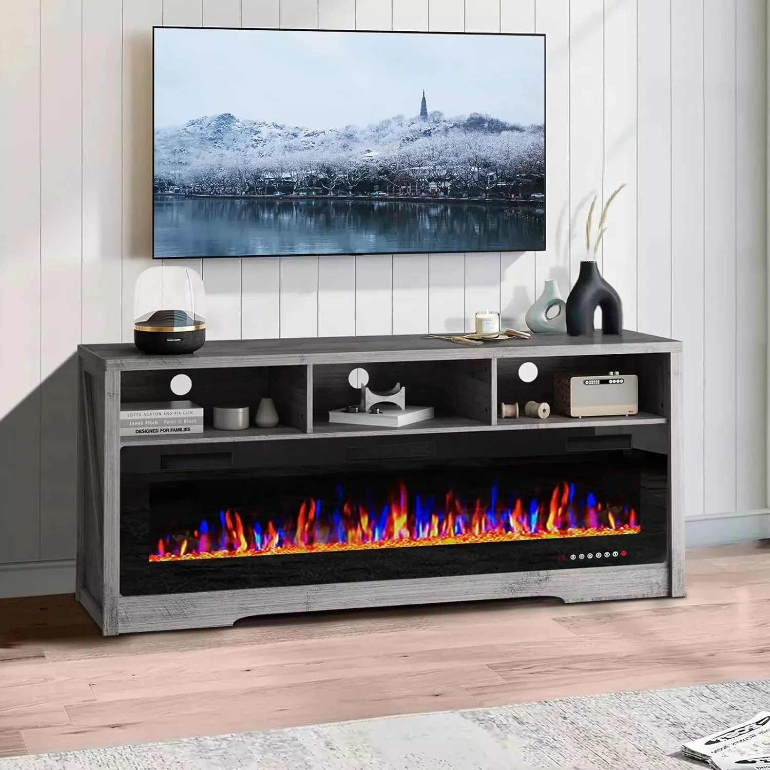 BOSSIN 65 inches Fireplace TV Stand for TVs Up to 75" TV with 60" Electric Fireplace - Image 8