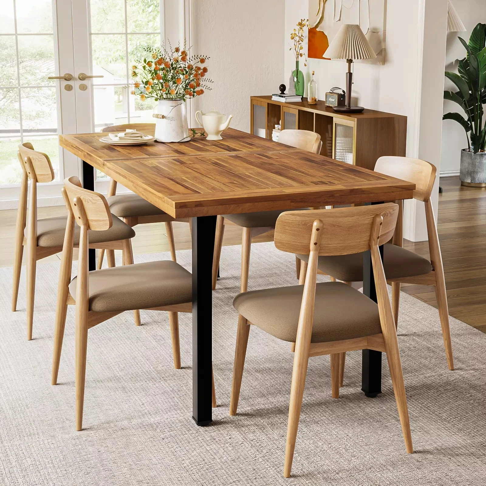 Waleaf 69" Acacia Wood Dining Table Set for 6-8 Person, Natural Stained Indoor Outdoor Kitchen Table with Iron Legs2