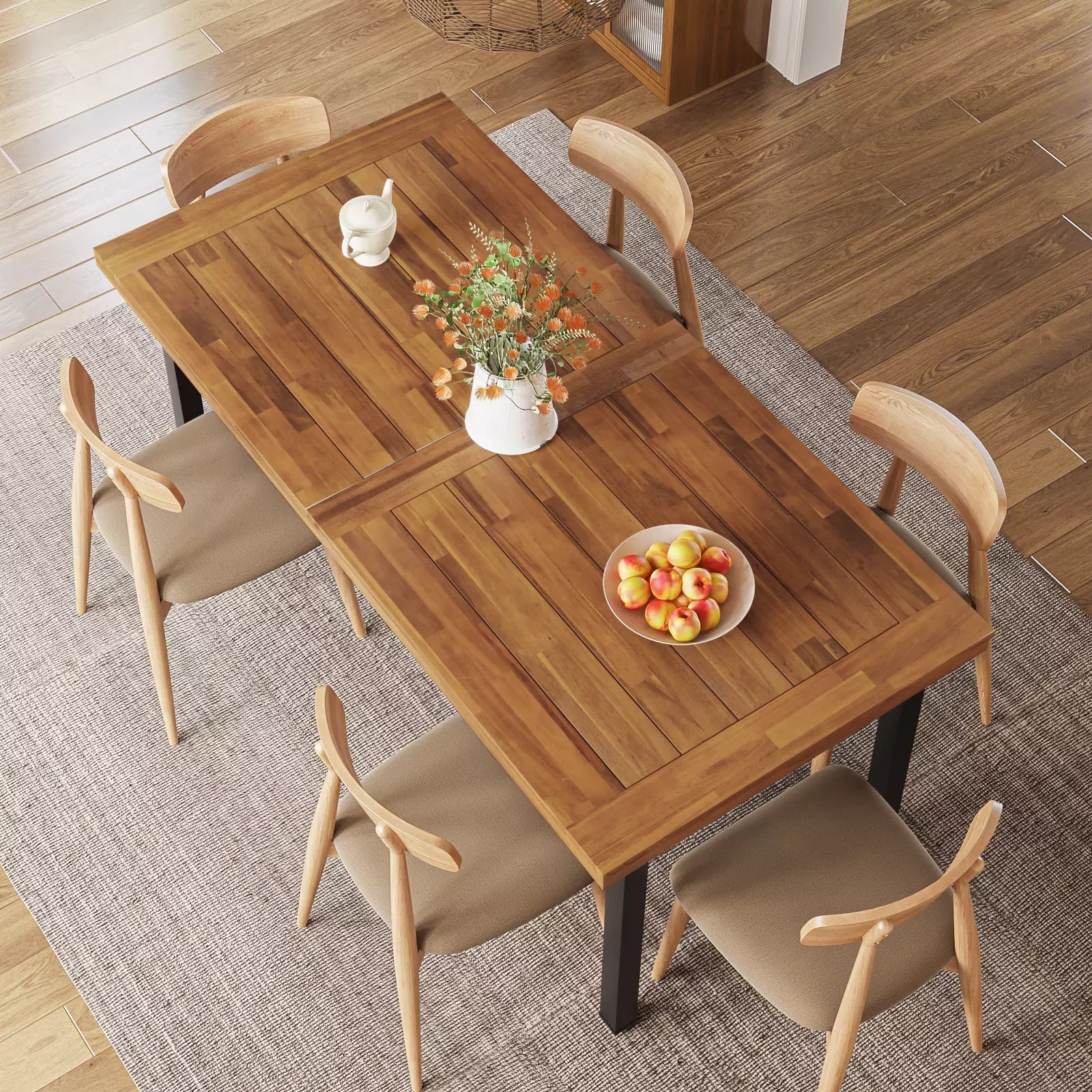 Waleaf 69" Acacia Wood Dining Table Set for 6-8 Person, Natural Stained Indoor Outdoor Kitchen Table with Iron Legs2 - Image 2