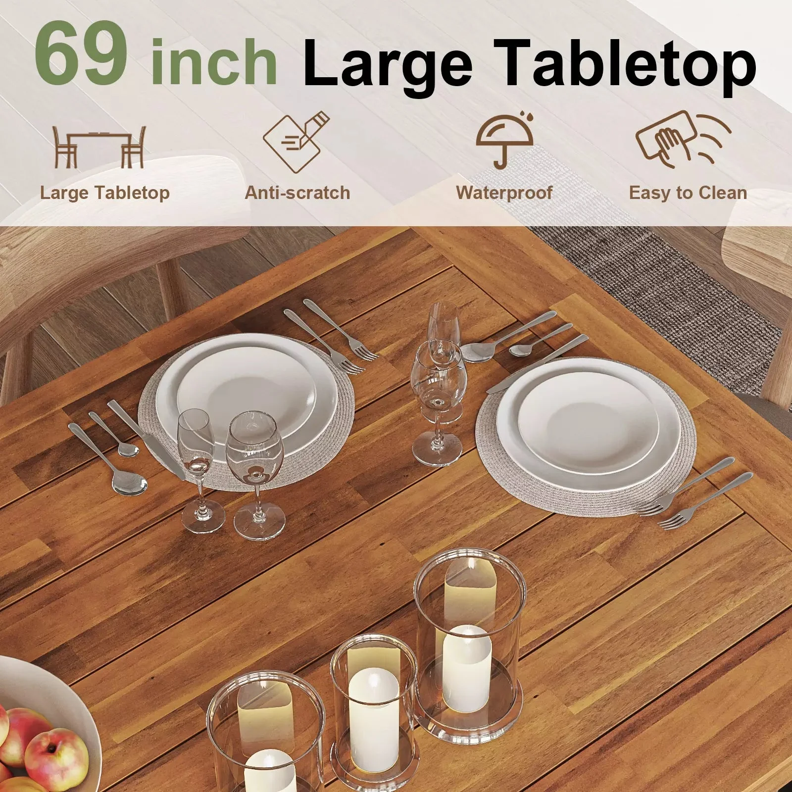 Waleaf 69" Acacia Wood Dining Table Set for 6-8 Person, Natural Stained Indoor Outdoor Kitchen Table with Iron Legs2 - Image 3