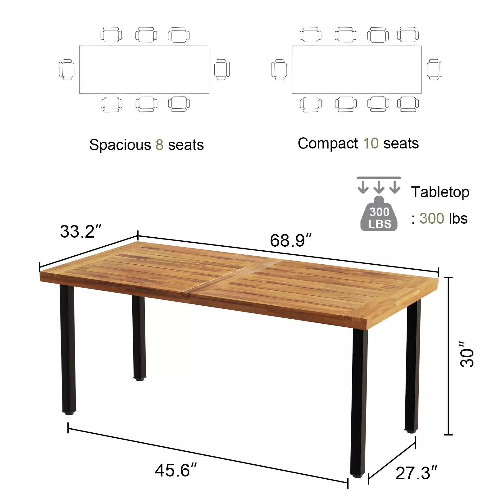 Waleaf 69" Acacia Wood Dining Table Set for 6-8 Person, Natural Stained Indoor Outdoor Kitchen Table with Iron Legs2 - Image 6