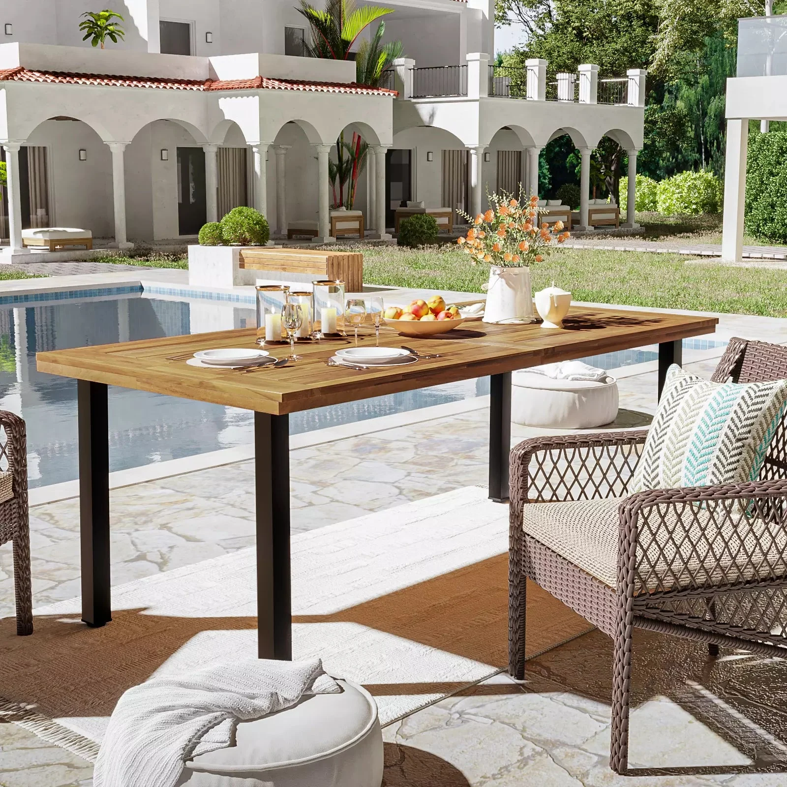 Waleaf 69" Acacia Wood Dining Table Set for 6-8 Person, Natural Stained Indoor Outdoor Kitchen Table with Iron Legs2 - Image 7