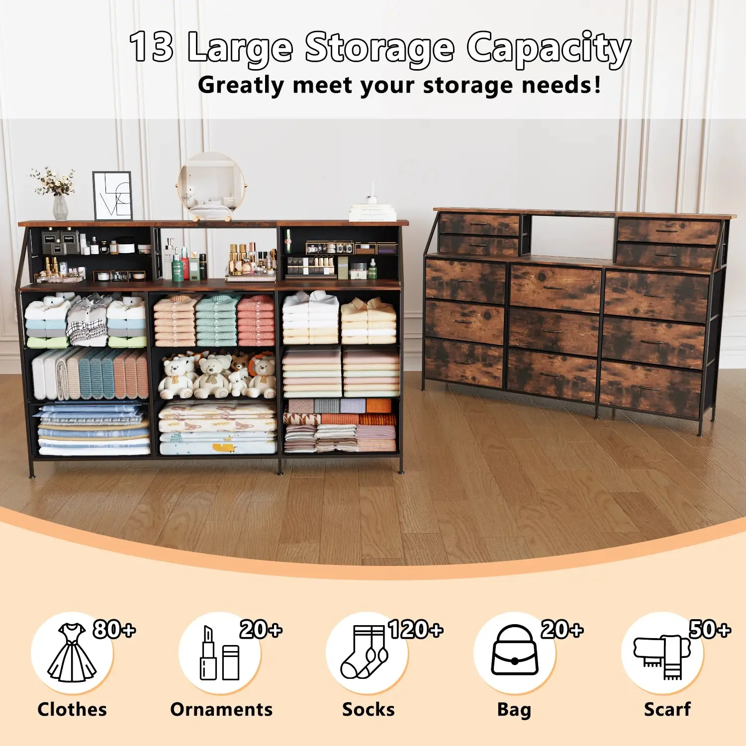 Waleaf 70" Bedroom Dresser with 13 Large Drawers, Long Dressers & Chests of Drawers for Closet - Image 6