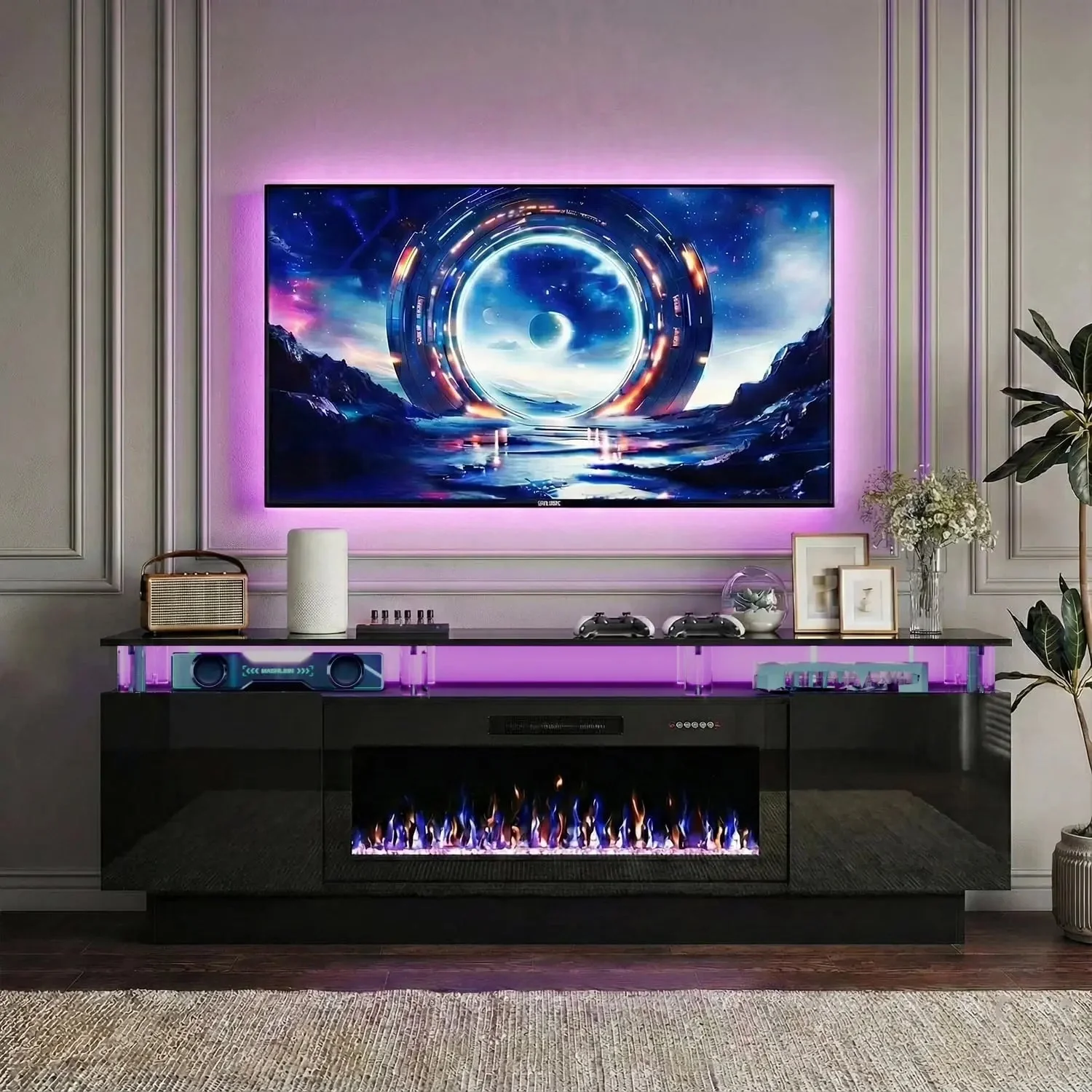 Waleaf 70" Fireplace TV Stand with Glowing Acrylic Pillars, 36" Electric Fireplace for TVs Up to 80", High Gloss Entertainment Center with 20-Color LED Lights