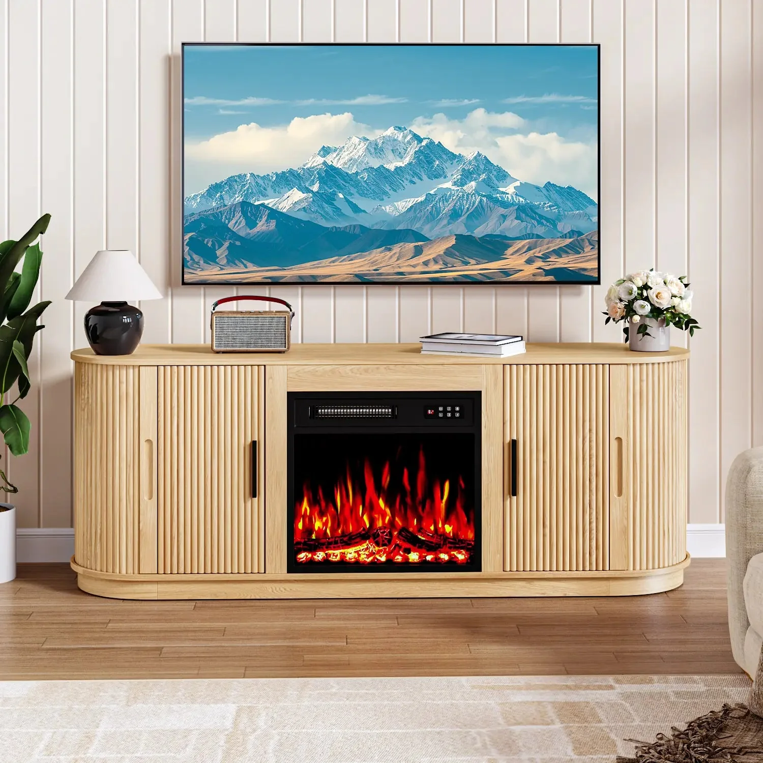 70" Fluted TV Stand with 23" Electric Fireplace, Modern Wood Cabinet with Fireplace for TVs Up to 80 inches, Curved Edge, Entertainment Center with Sliding Doors for Living Room - Image 10