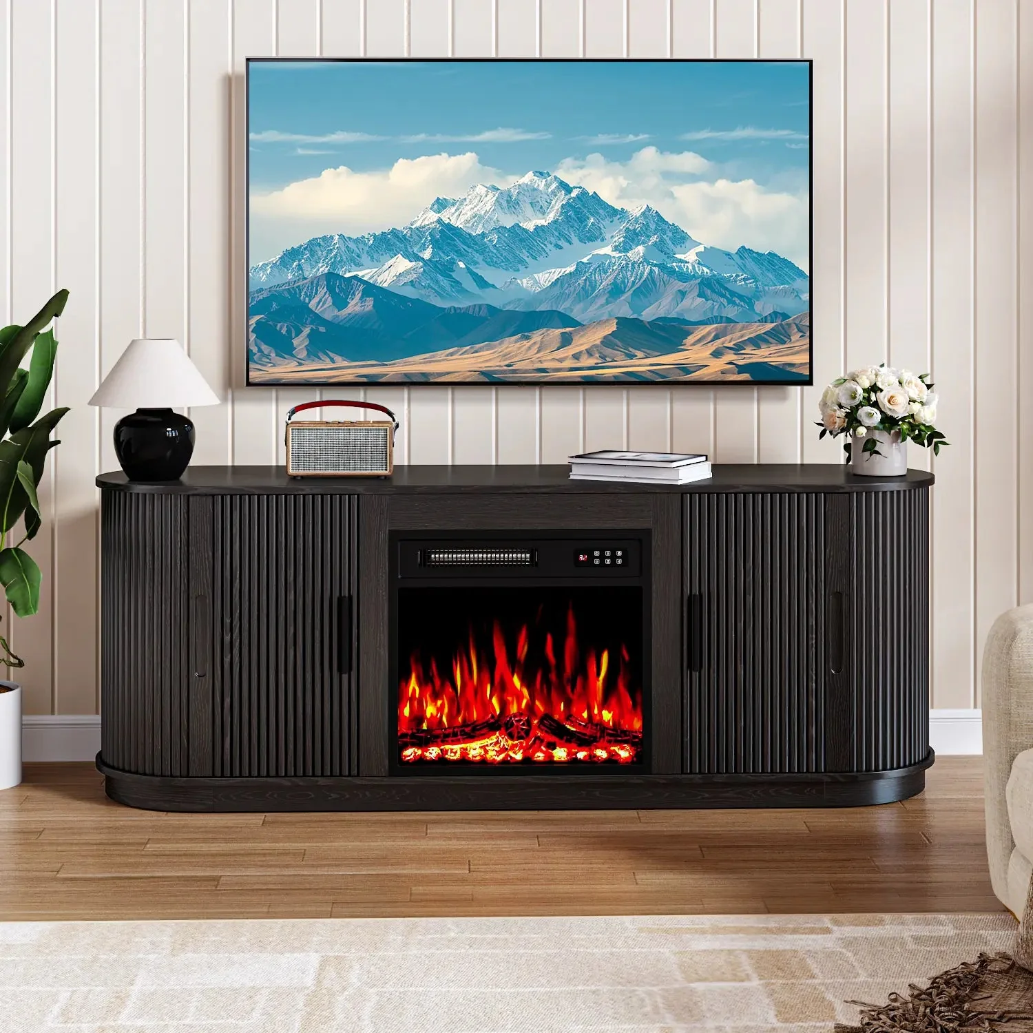 70" Fluted TV Stand with 23" Electric Fireplace, Modern Wood Cabinet with Fireplace for TVs Up to 80 inches, Curved Edge, Entertainment Center with Sliding Doors for Living Room - Image 11