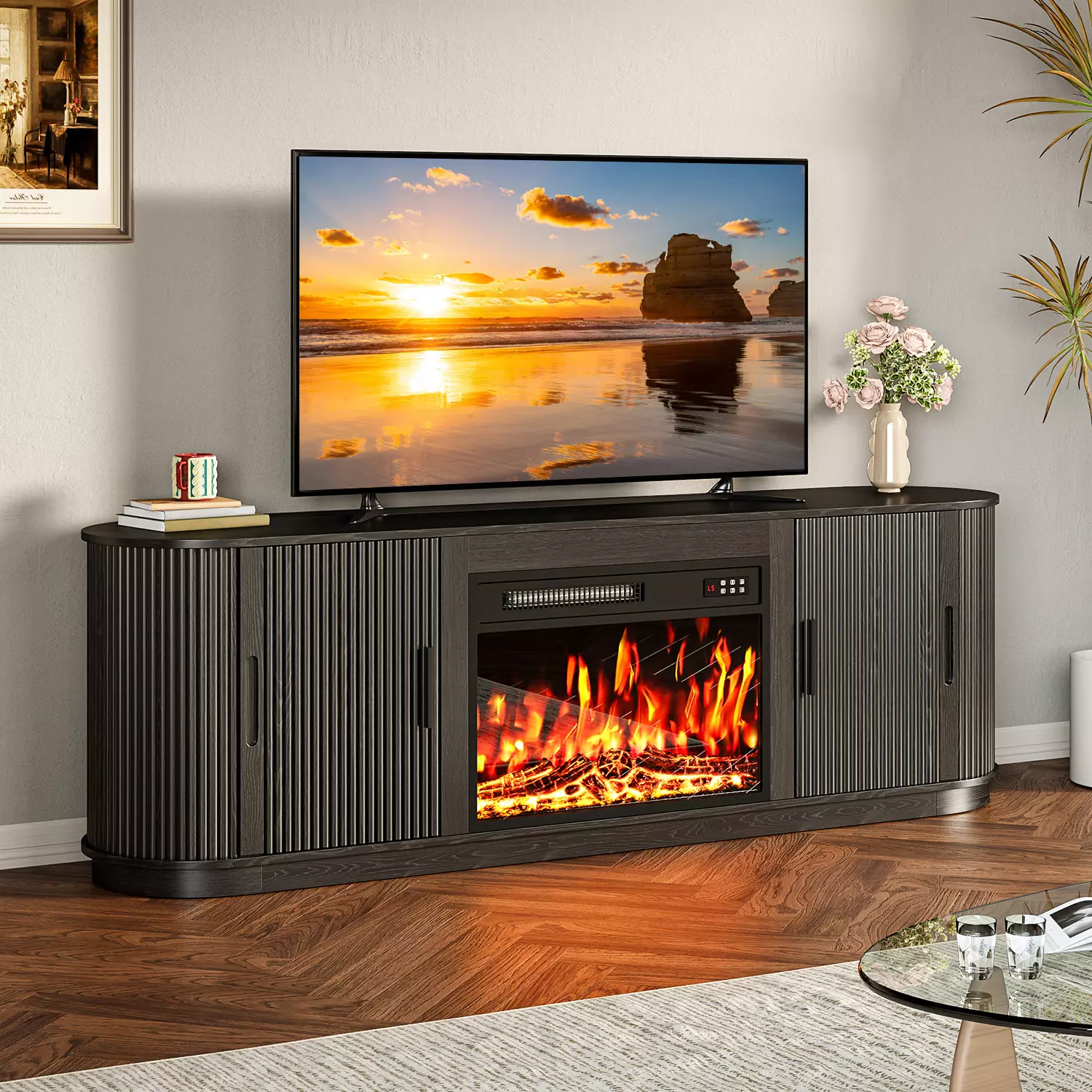 70" Fluted TV Stand with 23" Electric Fireplace, Modern Wood Cabinet with Fireplace for TVs Up to 80 inches, Curved Edge, Entertainment Center with Sliding Doors for Living Room - Image 2