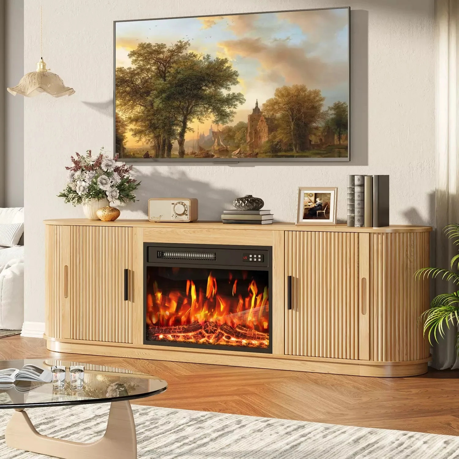 70" Fluted TV Stand with 23" Electric Fireplace, Modern Wood Cabinet with Fireplace for TVs Up to 80 inches, Curved Edge, Entertainment Center with Sliding Doors for Living Room - Image 3