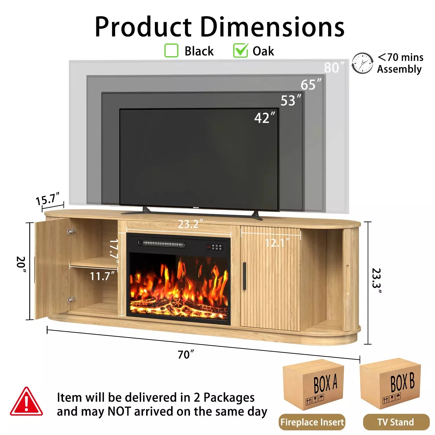 70" Fluted TV Stand with 23" Electric Fireplace, Modern Wood Cabinet with Fireplace for TVs Up to 80 inches, Curved Edge, Entertainment Center with Sliding Doors for Living Room - Image 4