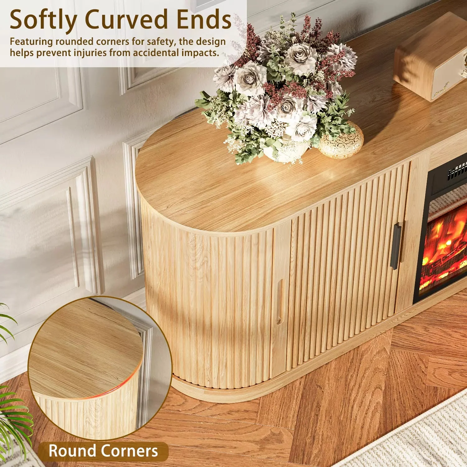 70" Fluted TV Stand with 23" Electric Fireplace, Modern Wood Cabinet with Fireplace for TVs Up to 80 inches, Curved Edge, Entertainment Center with Sliding Doors for Living Room - Image 5