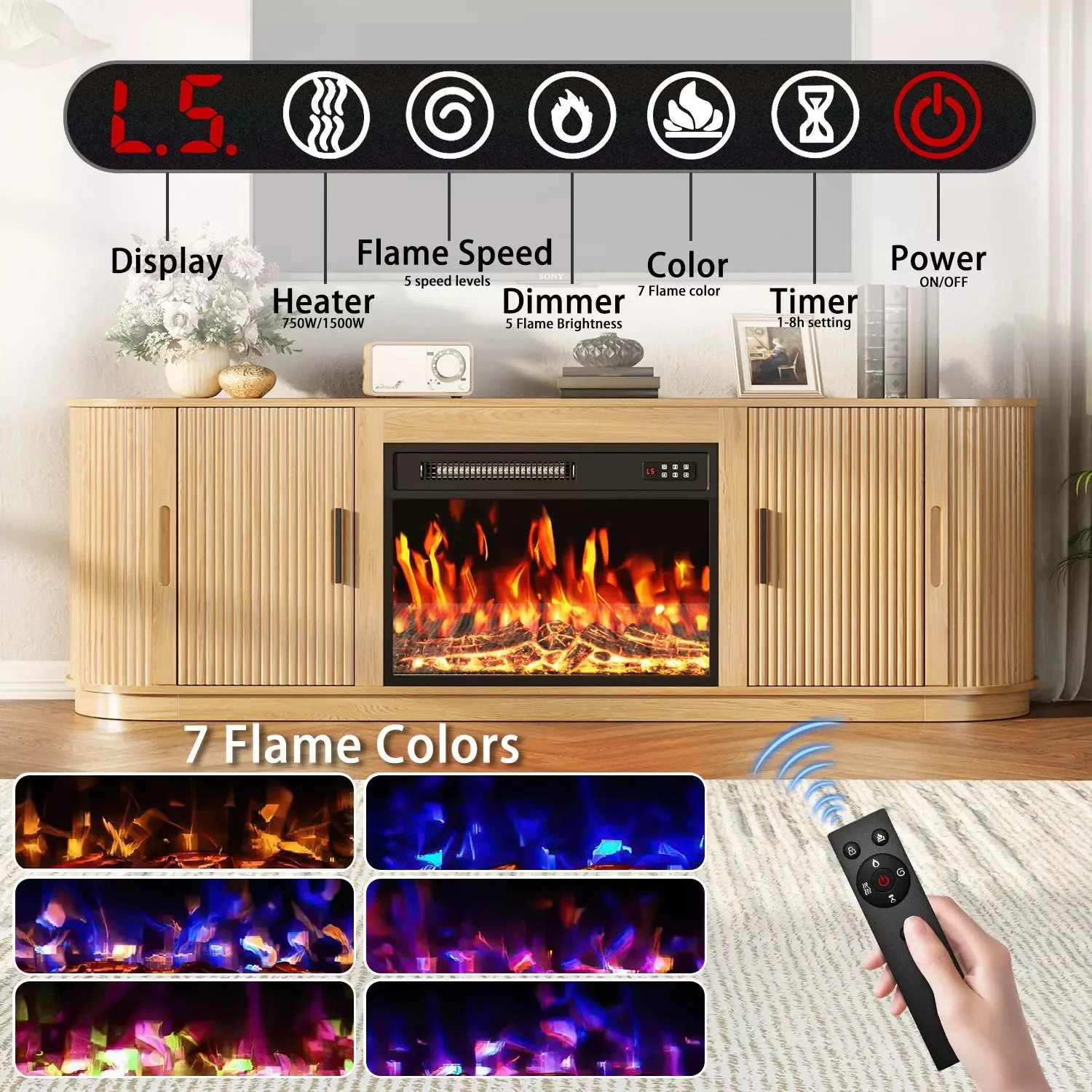 70" Fluted TV Stand with 23" Electric Fireplace, Modern Wood Cabinet with Fireplace for TVs Up to 80 inches, Curved Edge, Entertainment Center with Sliding Doors for Living Room - Image 6