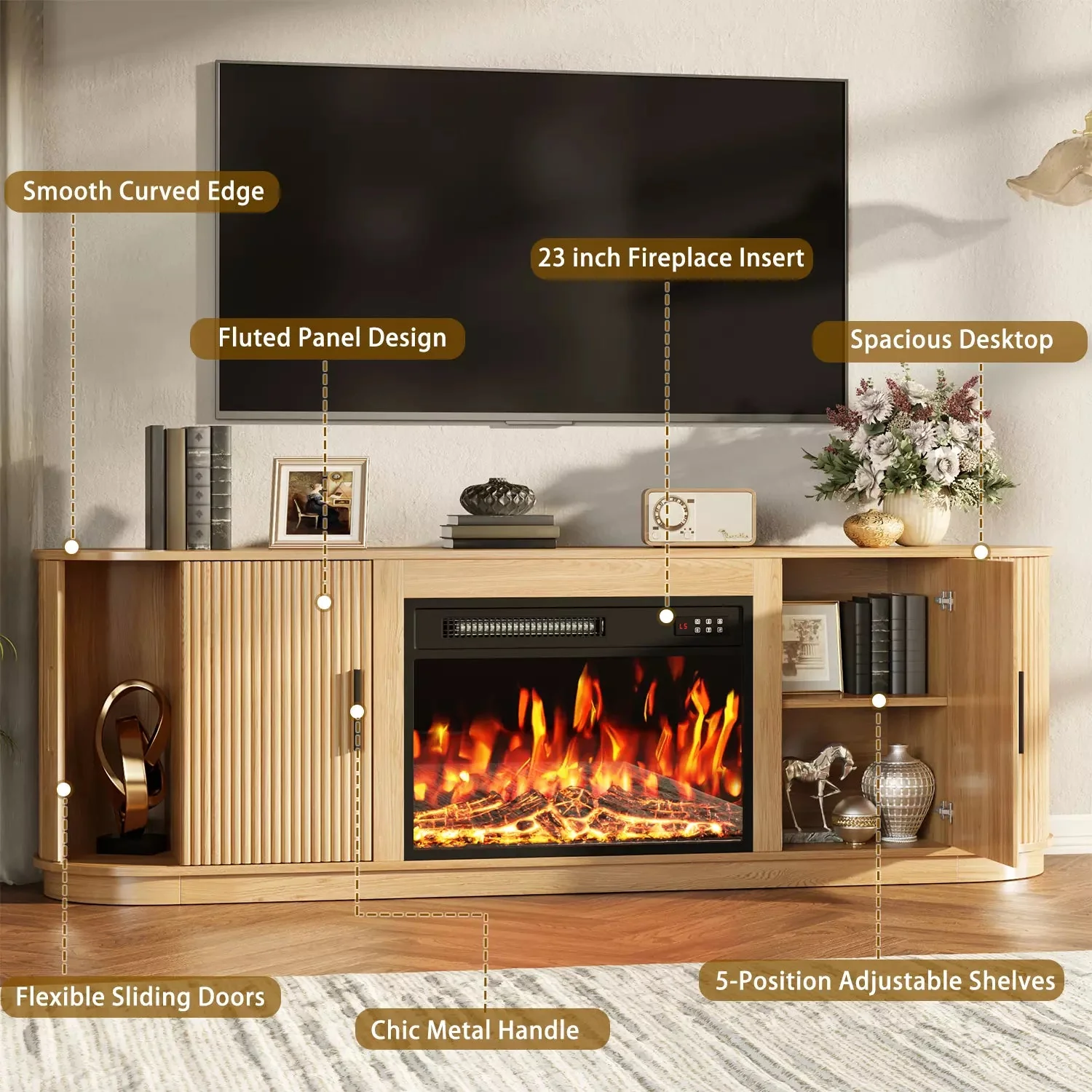 70" Fluted TV Stand with 23" Electric Fireplace, Modern Wood Cabinet with Fireplace for TVs Up to 80 inches, Curved Edge, Entertainment Center with Sliding Doors for Living Room - Image 7