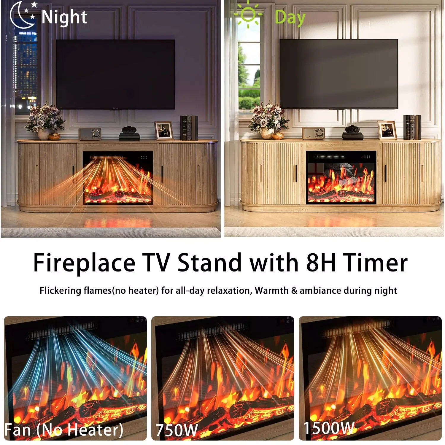 70" Fluted TV Stand with 23" Electric Fireplace, Modern Wood Cabinet with Fireplace for TVs Up to 80 inches, Curved Edge, Entertainment Center with Sliding Doors for Living Room - Image 8