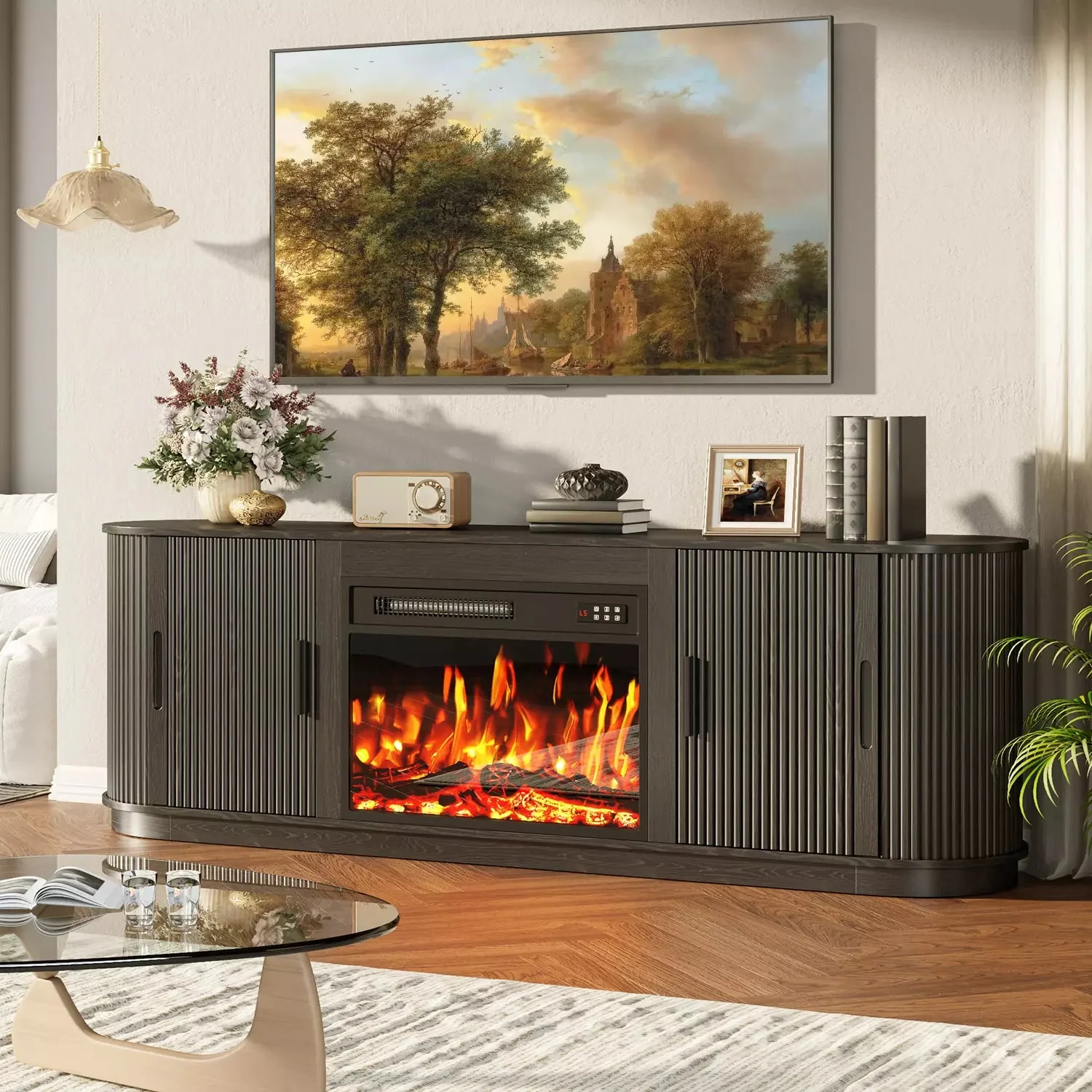 70" Fluted TV Stand with 23" Electric Fireplace, Modern Wood Cabinet with Fireplace for TVs Up to 80 inches, Curved Edge, Entertainment Center with Sliding Doors for Living Room - Image 9