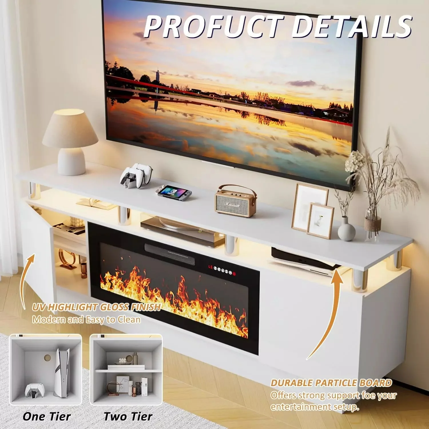 VITESSE 70 Inches Fireplace TV Stand for TVs up to 80 Inches Console - Image 19