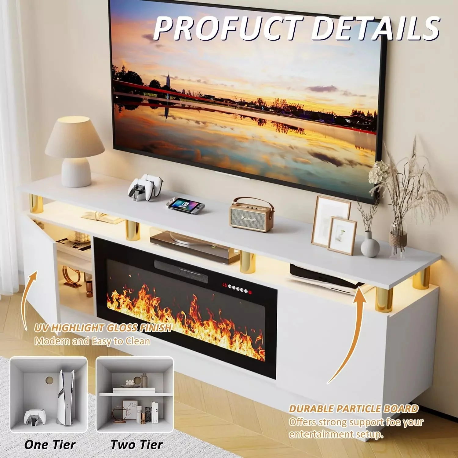 VITESSE 70 Inches Fireplace TV Stand for TVs up to 80 Inches Console - Image 27