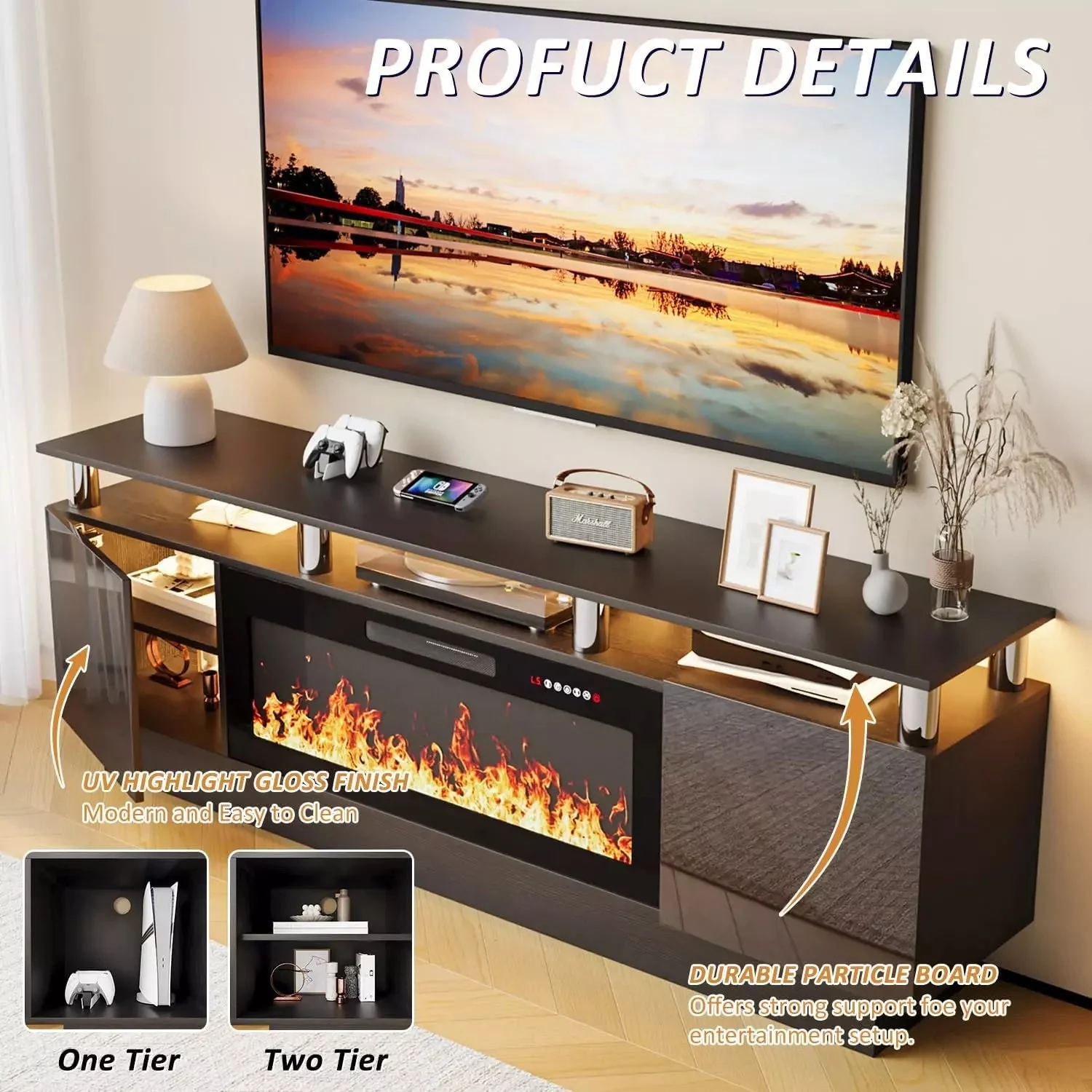 VITESSE 70 Inches Fireplace TV Stand for TVs up to 80 Inches Console - Image 3