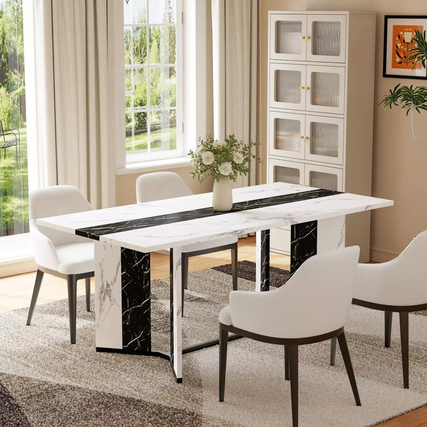 Waleaf 71 inch Modern White Rectangle Dining Table for 6, Waterproof Tabletop & Reinforced V-Shape Base for Kitchen Living Room