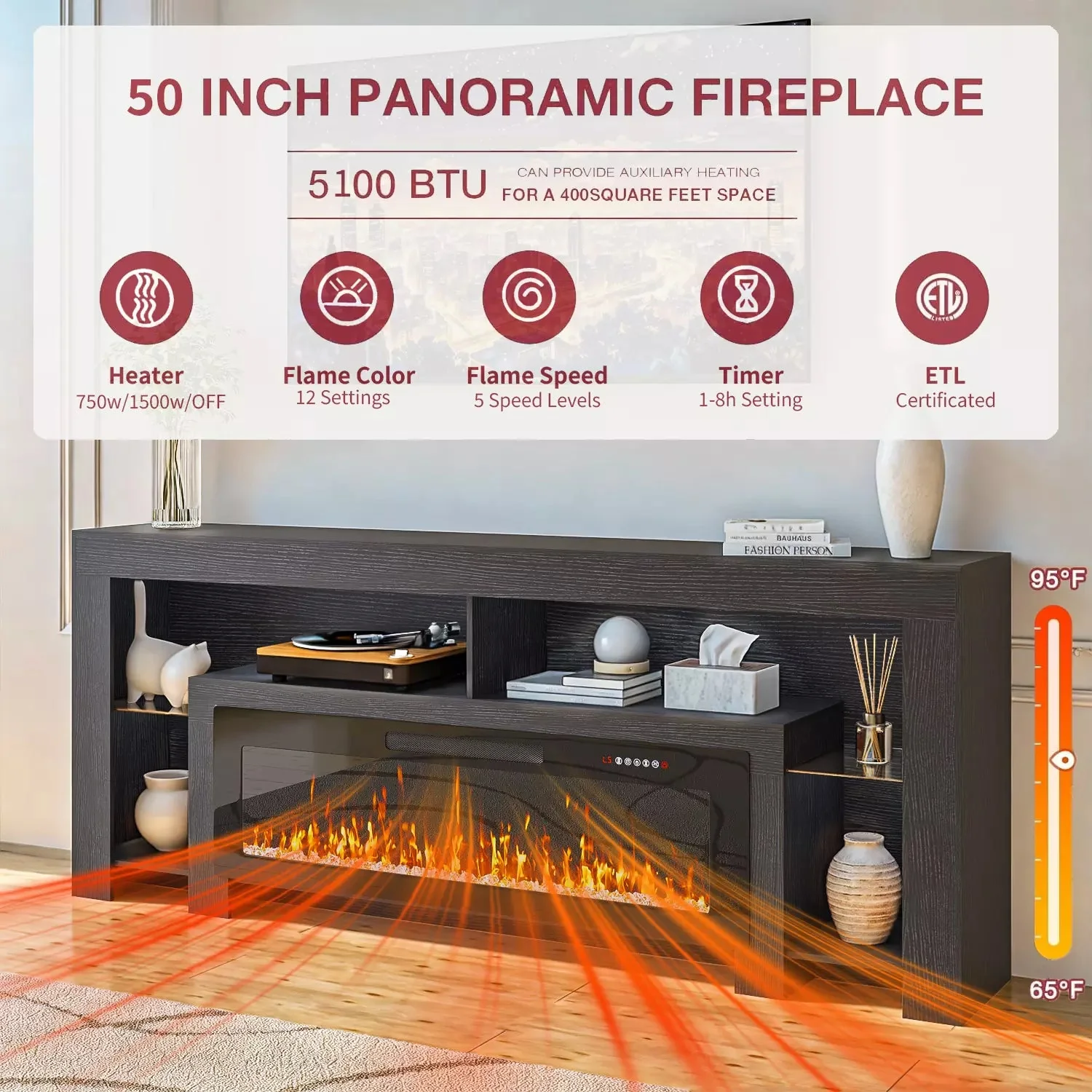 Waleaf 82" Modern Fireplace TV Stand with 50" Electric Fireplace Up to 90" TVs, Entertainment Center with 12 LED Color Flame and 20 Color LED Light - Image 10