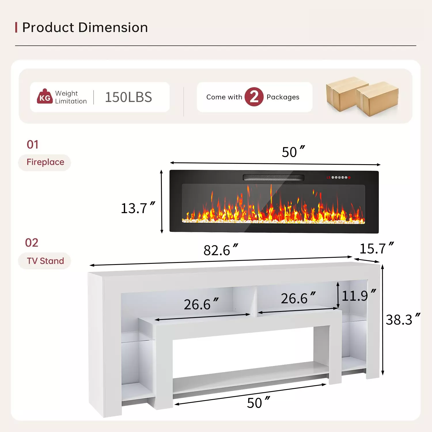 Waleaf 82" Modern Fireplace TV Stand with 50" Electric Fireplace Up to 90" TVs, Entertainment Center with 12 LED Color Flame and 20 Color LED Light - Image 13