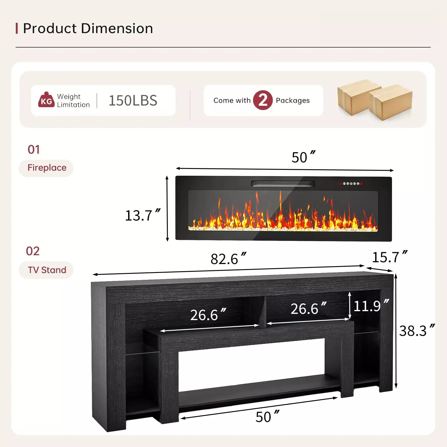 Waleaf 82" Modern Fireplace TV Stand with 50" Electric Fireplace Up to 90" TVs, Entertainment Center with 12 LED Color Flame and 20 Color LED Light - Image 14