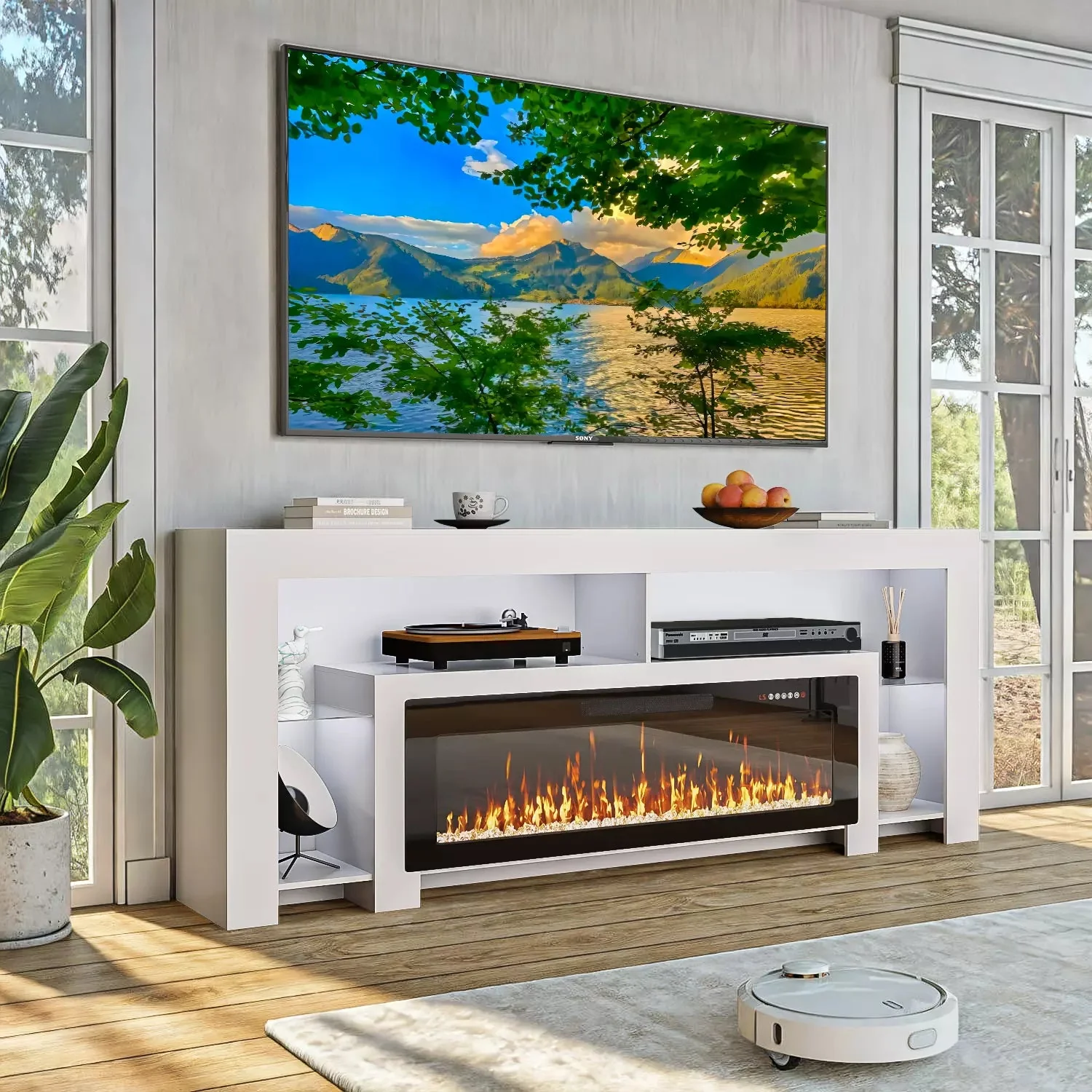 Waleaf 82" Modern Fireplace TV Stand with 50" Electric Fireplace Up to 90" TVs, Entertainment Center with 12 LED Color Flame and 20 Color LED Light - Image 2