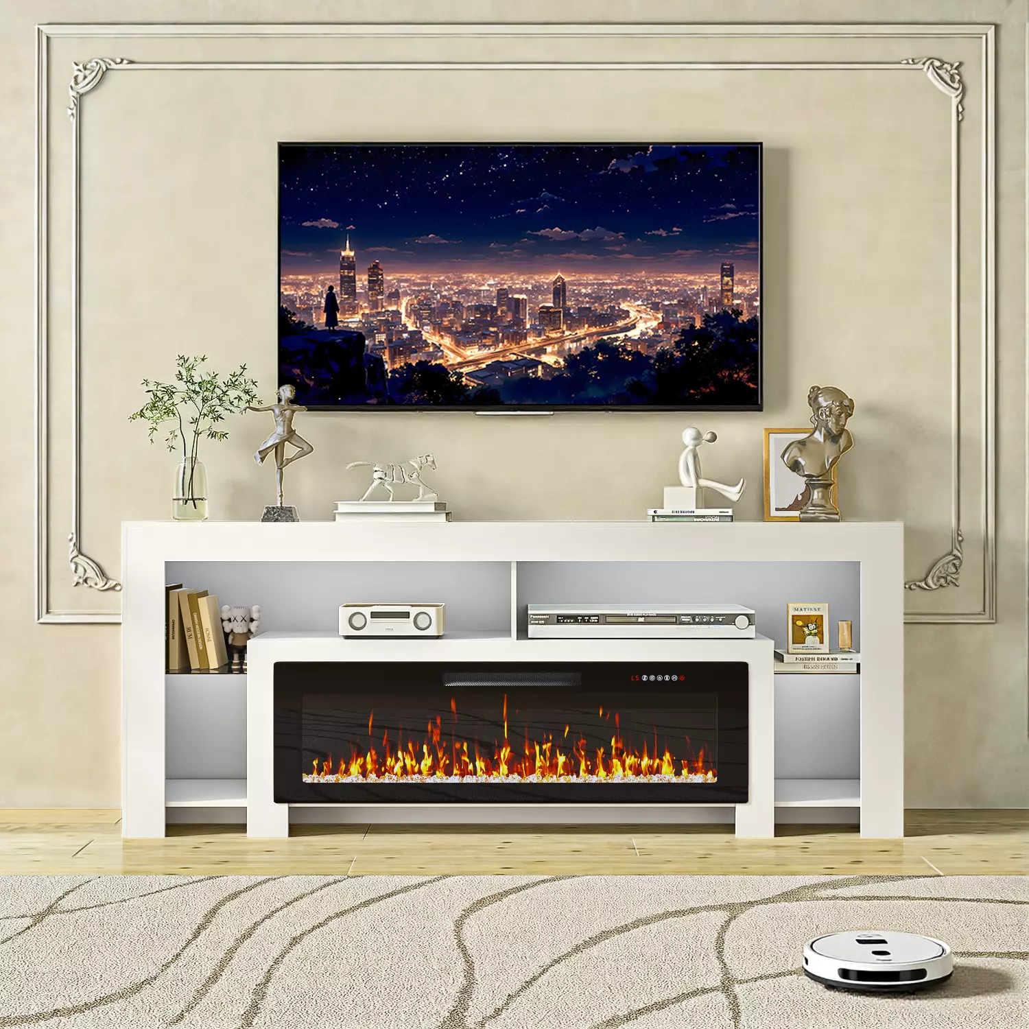 Waleaf 82" Modern Fireplace TV Stand with 50" Electric Fireplace Up to 90" TVs, Entertainment Center with 12 LED Color Flame and 20 Color LED Light - Image 4