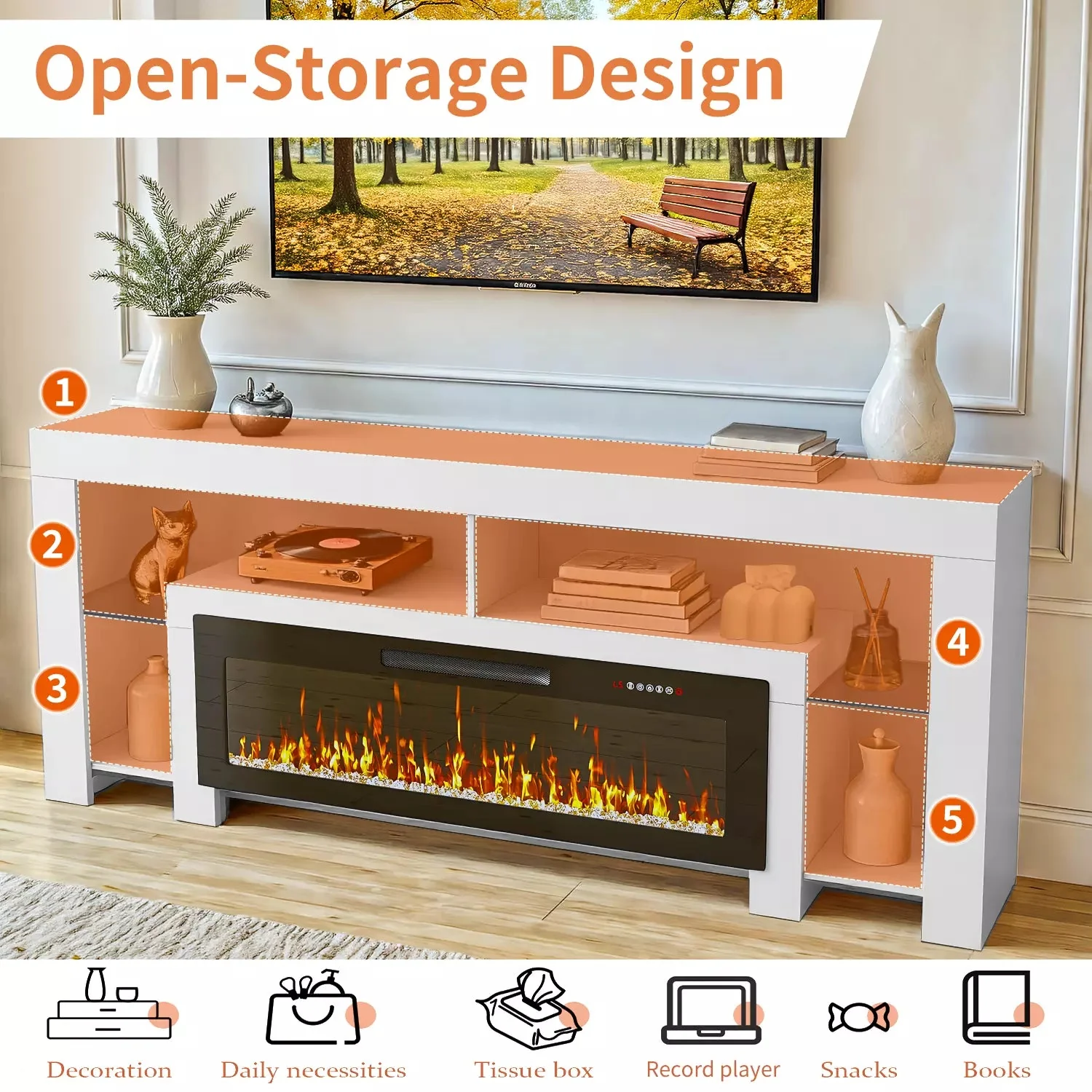 Waleaf 82" Modern Fireplace TV Stand with 50" Electric Fireplace Up to 90" TVs, Entertainment Center with 12 LED Color Flame and 20 Color LED Light - Image 7