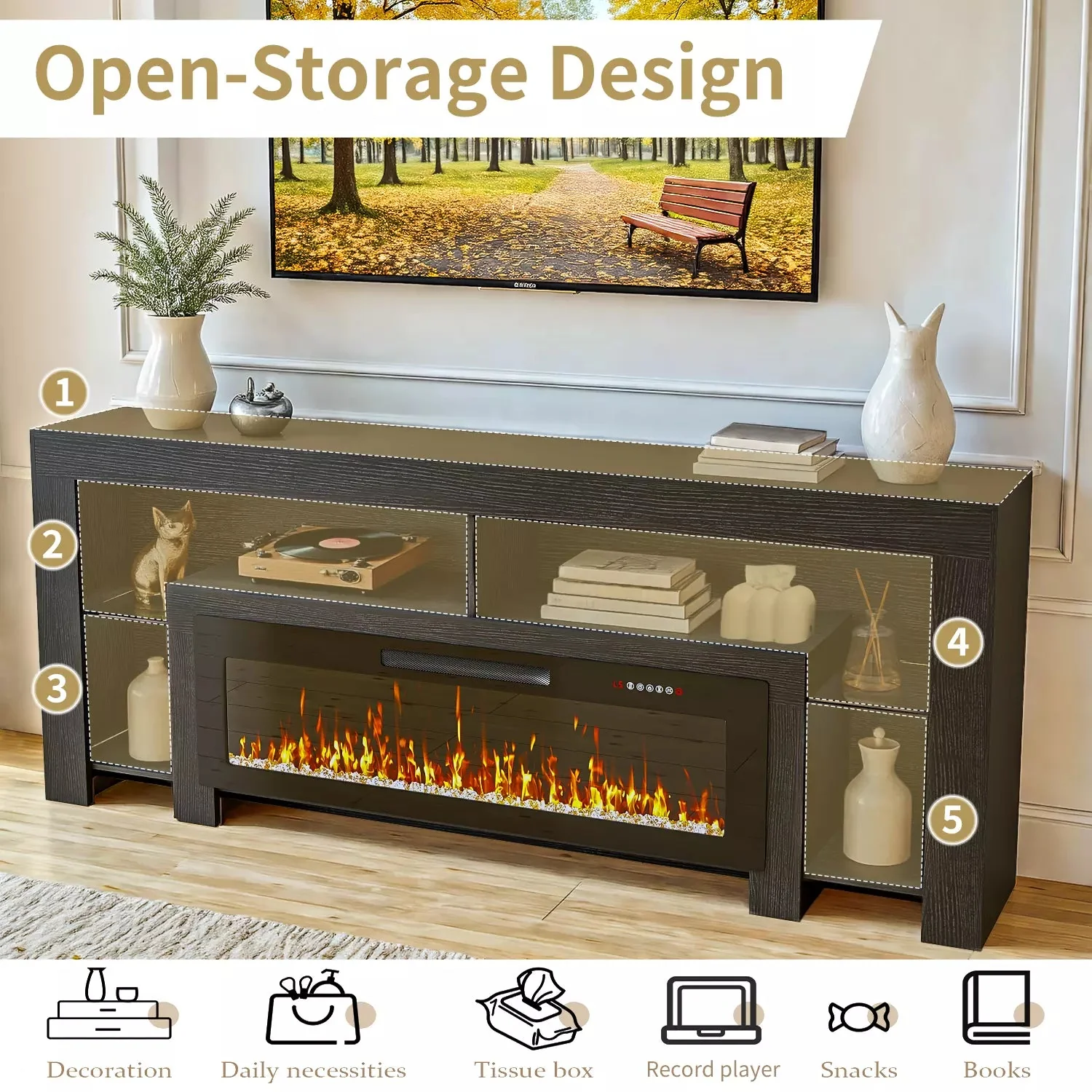 Waleaf 82" Modern Fireplace TV Stand with 50" Electric Fireplace Up to 90" TVs, Entertainment Center with 12 LED Color Flame and 20 Color LED Light - Image 8