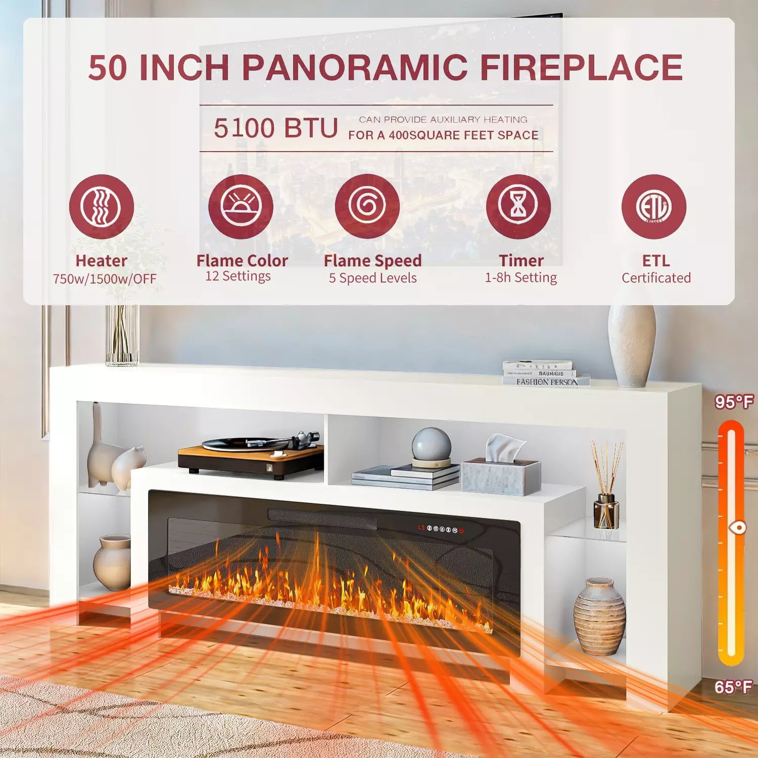 Waleaf 82" Modern Fireplace TV Stand with 50" Electric Fireplace Up to 90" TVs, Entertainment Center with 12 LED Color Flame and 20 Color LED Light - Image 9